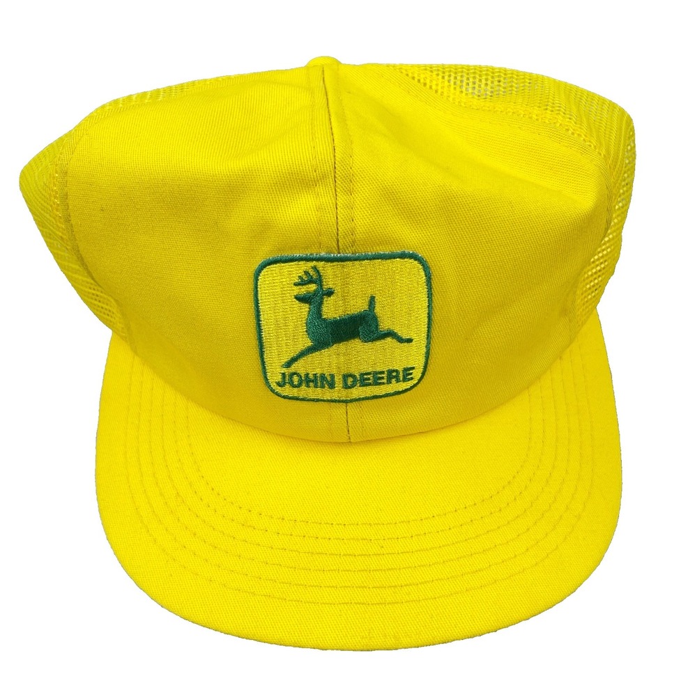 Vintage John Deere Trucker Hat Cap Made In USA 80s K Products Yellow Mesh Snap